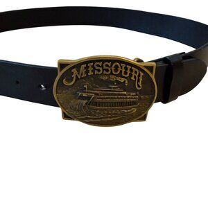 Vintage Missouri Heritage Brass Belt Buckle Black Genuine Leather Belt Size 40